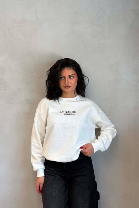 ONE COLOR FRONT PRINTED WOMEN SWEATSHIRT WHITE-E BARDHE 