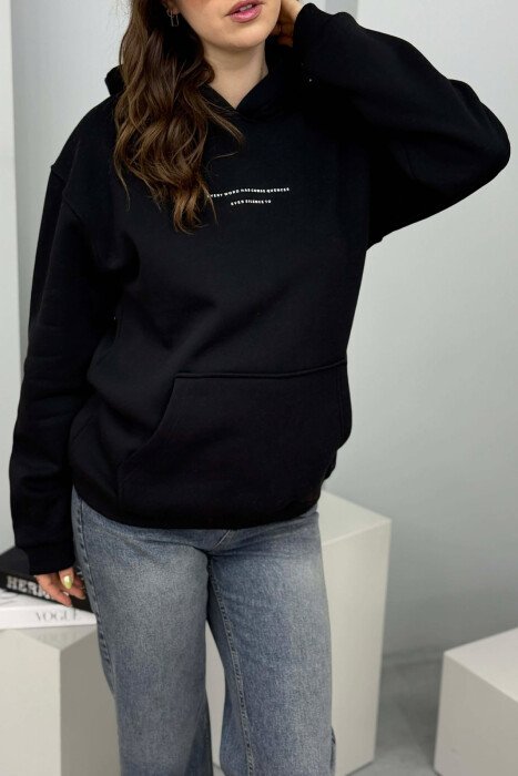 ONE COLOR FRONT SIMPLE WRITTING WOMEN HOODIE BLACK/ E ZEZE - 4