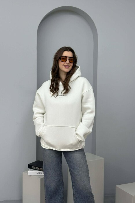 ONE COLOR FRONT SIMPLE WRITTING WOMEN HOODIE CREAM/KREM 