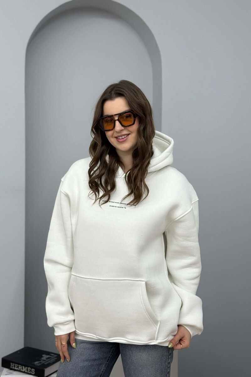 ONE COLOR FRONT SIMPLE WRITTING WOMEN HOODIE CREAM/KREM - 3