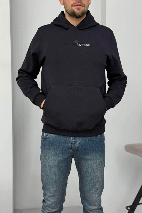 HOODIE NJËNGJYRËSHE ME SHKRIME PARA PËR MESHKUJ NË NGJYRËN BLU TË ERRËT 