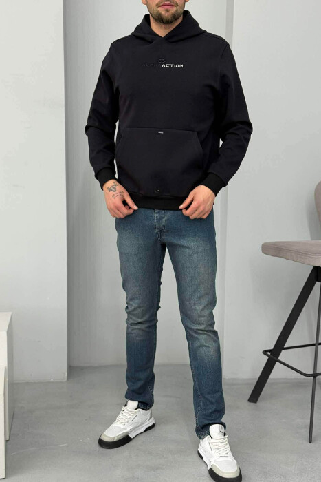 ONE COLOR FRONT WRITTING MEN HOODIE DARK BLUE/BEE - 2