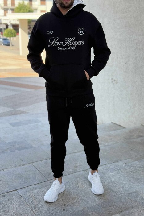 ONE COLOR FRONT WRITTINGS HOODIE+JOGGERS MEN SET BLACK/ E ZEZE - KLAUDIO FASHION
