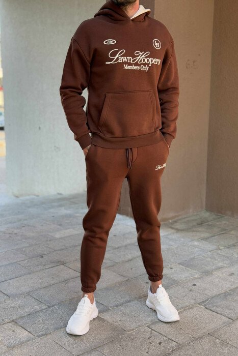 ONE COLOR FRONT WRITTINGS HOODIE+JOGGERS MEN SET BROWN/KAFE - 1