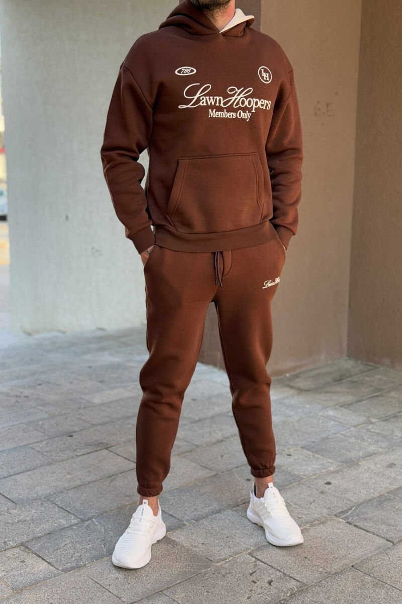 ONE COLOR FRONT WRITTINGS HOODIE+JOGGERS MEN SET BROWN/KAFE - 1