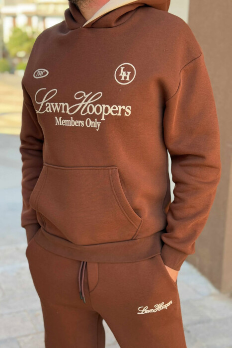 ONE COLOR FRONT WRITTINGS HOODIE+JOGGERS MEN SET BROWN/KAFE - 2