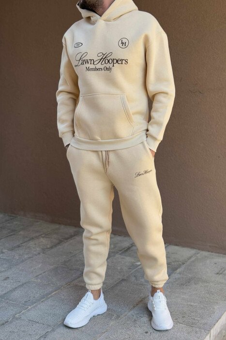 SET NJË NGJYRËSH HOODIE ME SHKRIM PARA+TUTA PËR MESHKUJ NË NGJYRË KREM - KLAUDIO FASHION