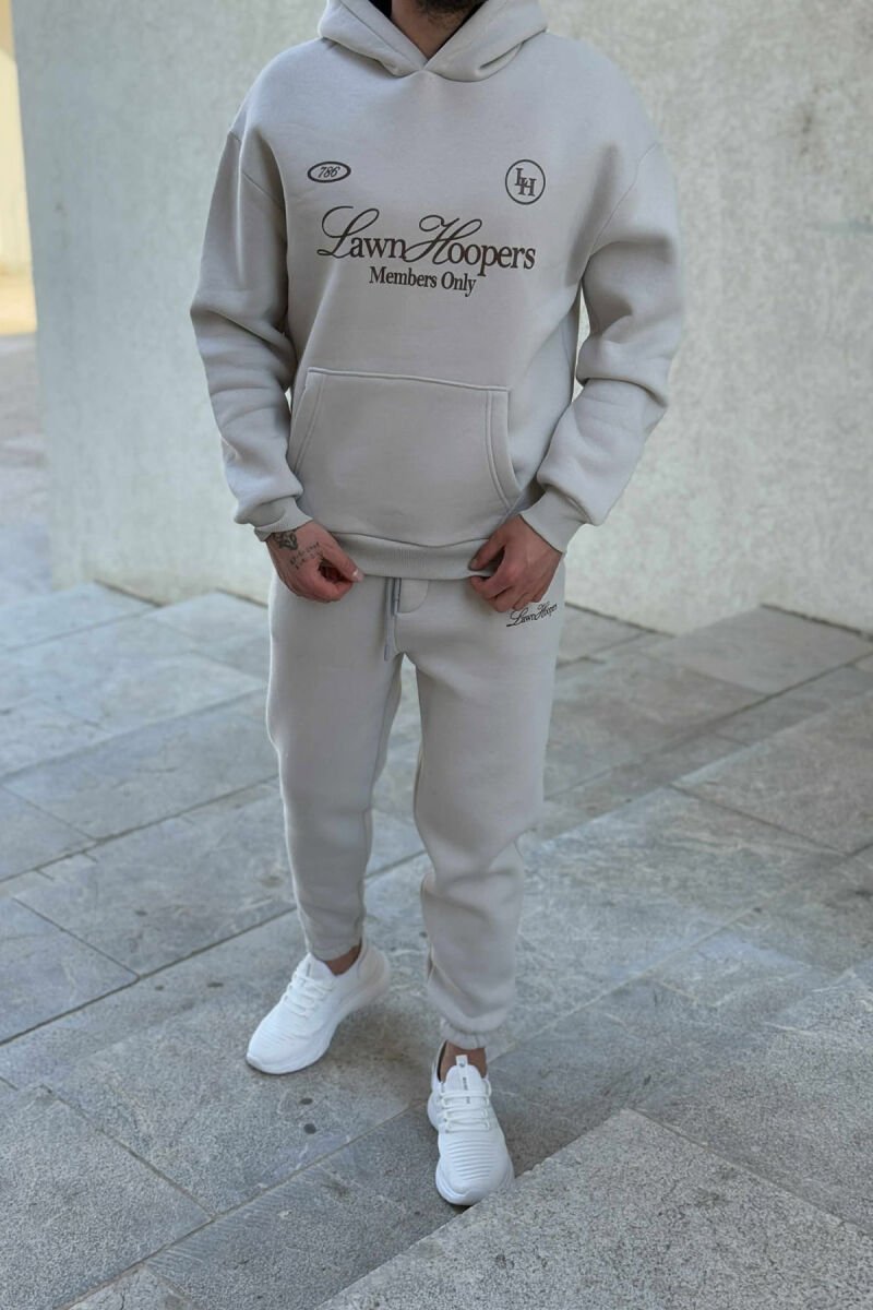 ONE COLOR FRONT WRITTINGS HOODIE+JOGGERS MEN SET LIGHT GREY/GZ - 1