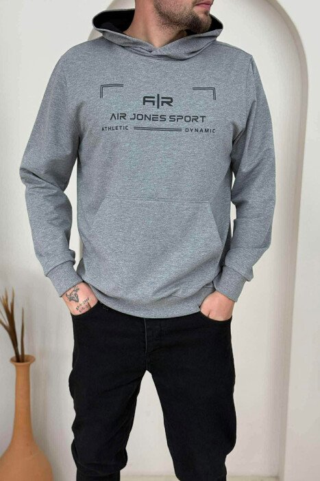 HOODIE NJË NGJYRËSHE ME DETAJIN E SHKRIMIT PARA PËR MESHKUJ NE NGJYRËN GRI - KLAUDIO FASHION