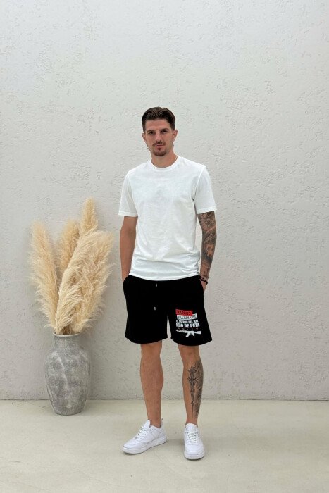 ONE COLOR FRONT WRITTINGS MEN SHORT SWEATPANTS BLACK/ E ZEZE - KLAUDIO FASHION