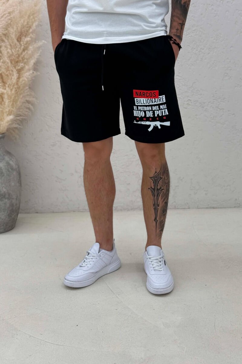 ONE COLOR FRONT WRITTINGS MEN SHORT SWEATPANTS BLACK/ E ZEZE - 4