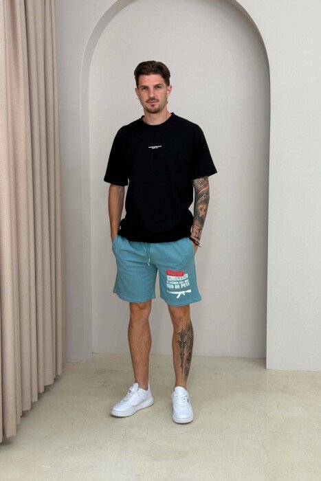 ONE COLOR FRONT WRITTINGS MEN SHORT SWEATPANTS BLUE STONE/GK - KLAUDIO FASHION