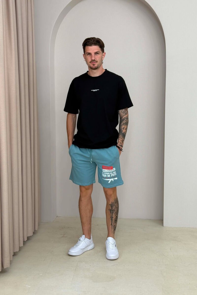 ONE COLOR FRONT WRITTINGS MEN SHORT SWEATPANTS BLUE STONE/GK - 1