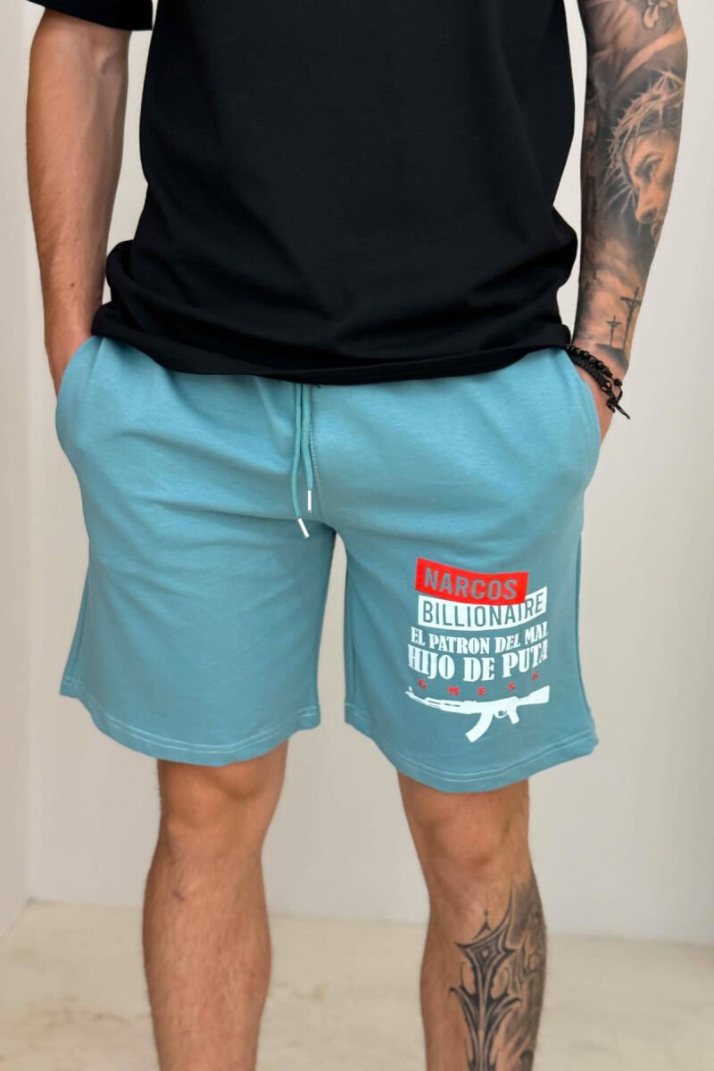ONE COLOR FRONT WRITTINGS MEN SHORT SWEATPANTS BLUE STONE/GK - 3