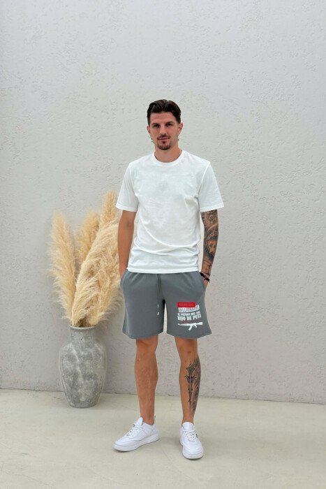 ONE COLOR FRONT WRITTINGS MEN SHORT SWEATPANTS GREY ASH/GRI HIRI 