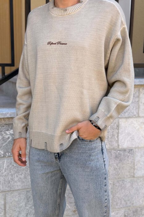 ONE COLOR FRONT WRITTINGS MEN SWEATER BEIGE/BEZHE - 2