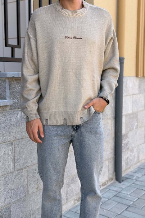 ONE COLOR FRONT WRITTINGS MEN SWEATER BEIGE/BEZHE - 4