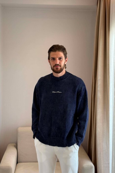 ONE COLOR FRONT WRITTINGS MEN SWEATER BLUE/BLU - KLAUDIO FASHION