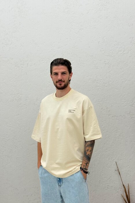 ONE COLOR FRONT WRITTINGS MEN T-SHIRT BEIGE/BEZHE - 1