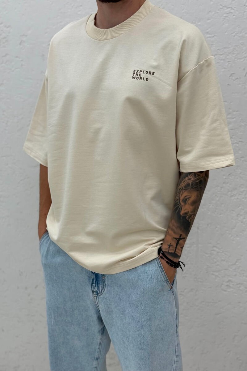 ONE COLOR FRONT WRITTINGS MEN T-SHIRT BEIGE/BEZHE - 2