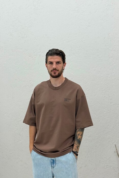 ONE COLOR FRONT WRITTINGS MEN T-SHIRT BROWN/KAFE - 1