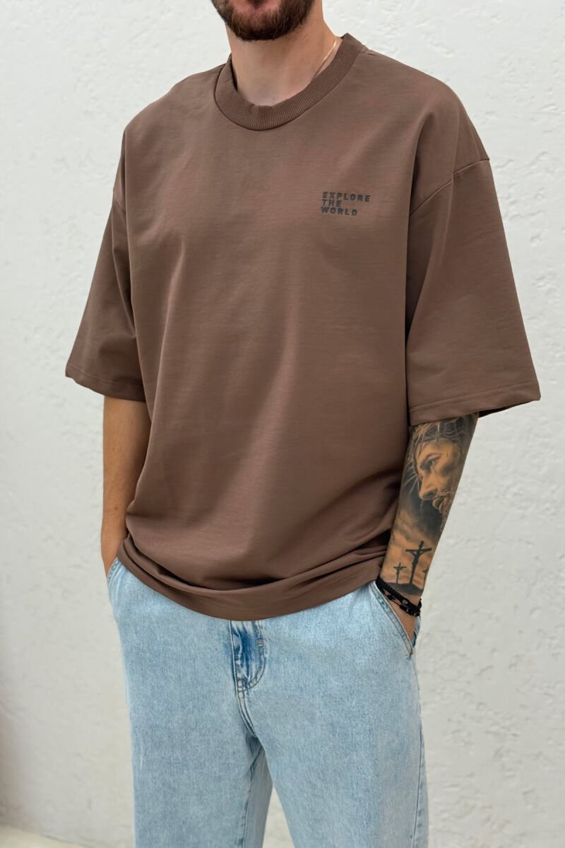ONE COLOR FRONT WRITTINGS MEN T-SHIRT BROWN/KAFE - 2