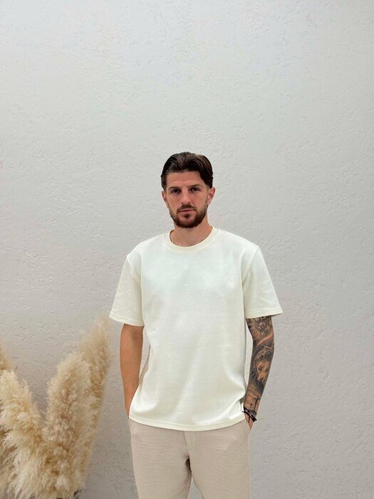 ONE COLOR FRONT WRITTINGS MEN T-SHIRT CREAM/KREM - 1