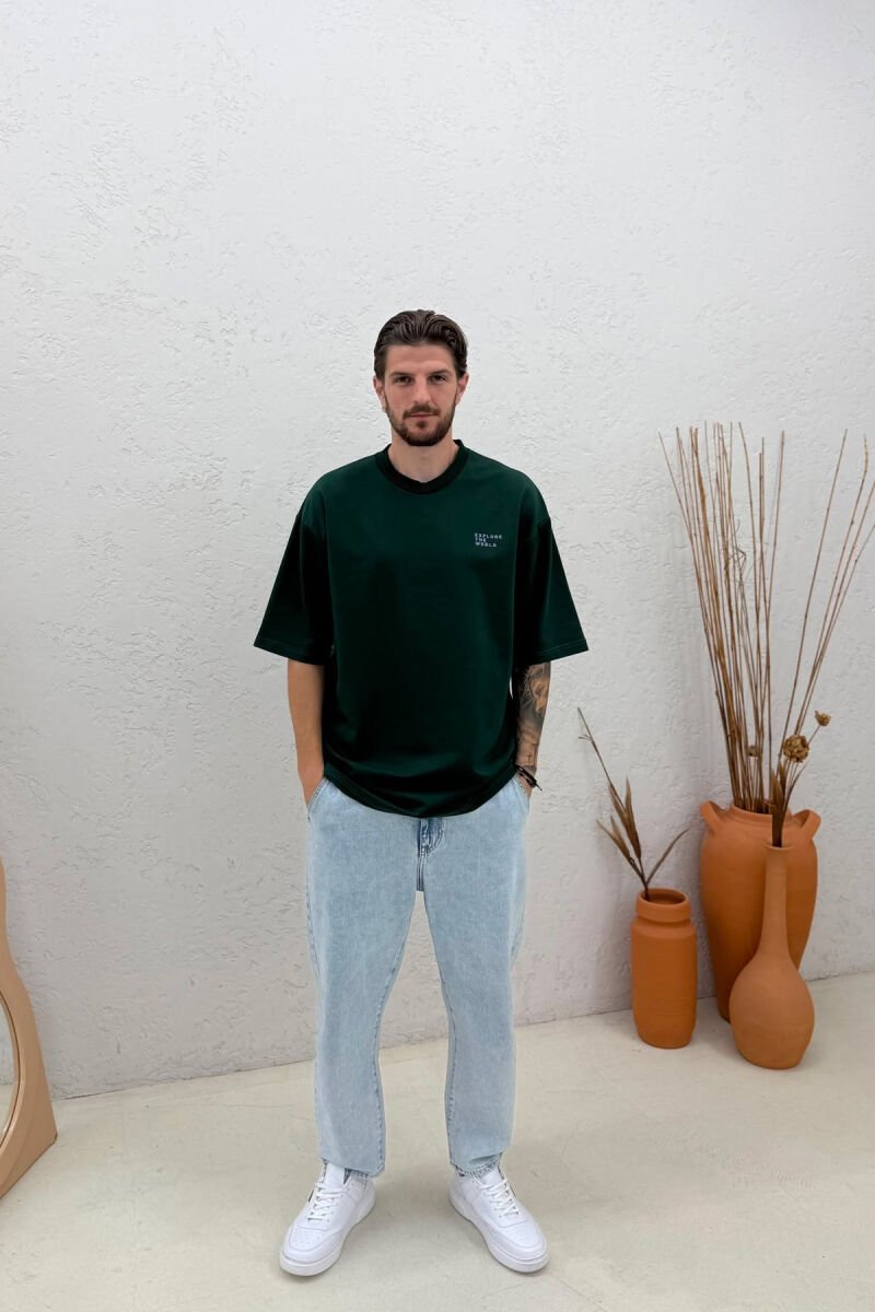 ONE COLOR FRONT WRITTINGS MEN T-SHIRT GREEN/JESHILE - 3