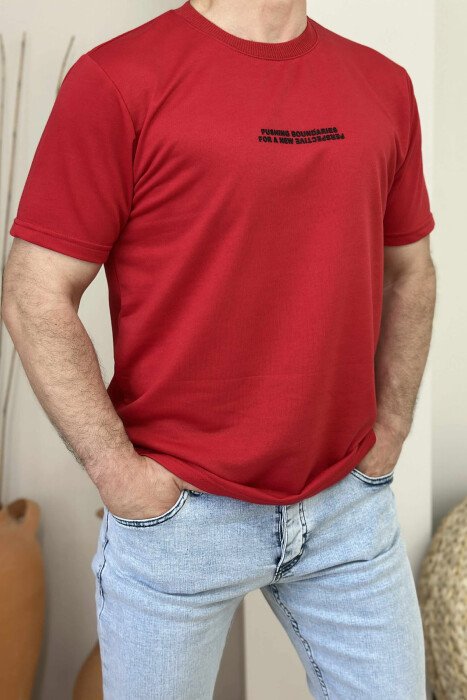 ONE COLOR FRONT WRITTINGS MEN T-SHIRT RED/E KUQE - KLAUDIO FASHION