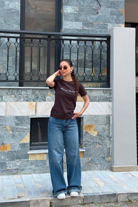ONE COLOR FRONT WRITTINGS WOMAN T-SHIRT BROWN/KAFE - 1
