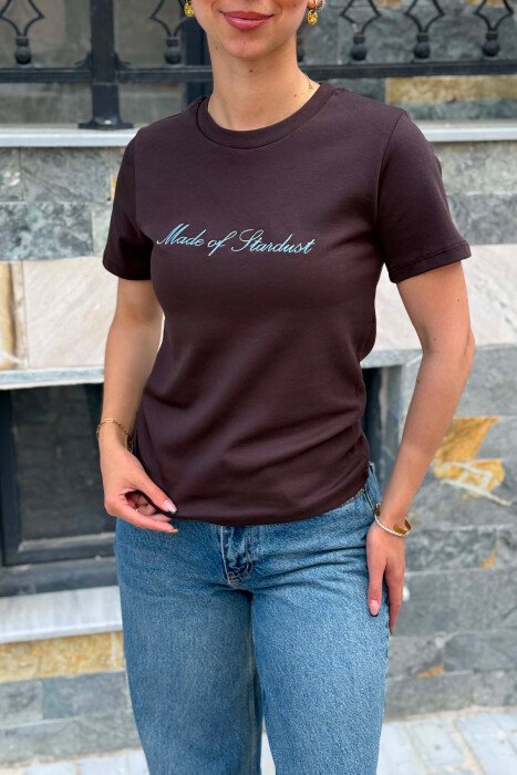 ONE COLOR FRONT WRITTINGS WOMAN T-SHIRT BROWN/KAFE - 2