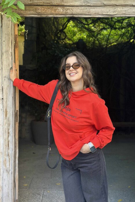 ONE COLOR FRONT WRITTINGS WOMEN HOODIE RED/E KUQE - 3