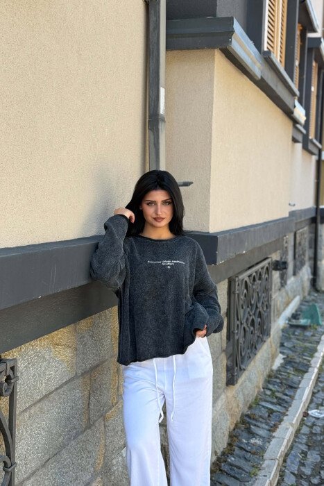 ONE COLOR FRONT WRITTINS WOMAN SWEATER DARK GREY/GEE - 3