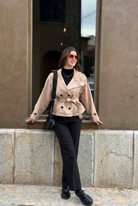 ONE COLOR FUNNEL-NECK SHORT WOMEN JACKET BEIGE/BEZHE - KLAUDIO FASHION