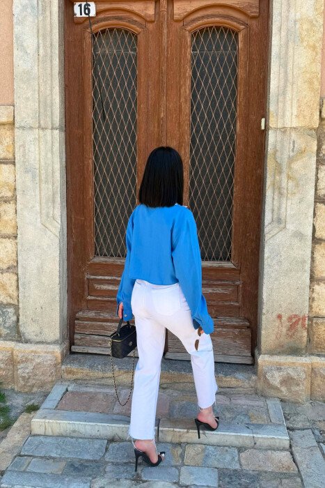 ONE COLOR GOLD BUTONS WOMAN SHIRT BLUE/BLU - 3