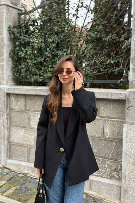 ONE COLOR GOLD BUTTON CLASSIC WOMAN JACKET BLACK/ E ZEZE - KLAUDIO FASHION