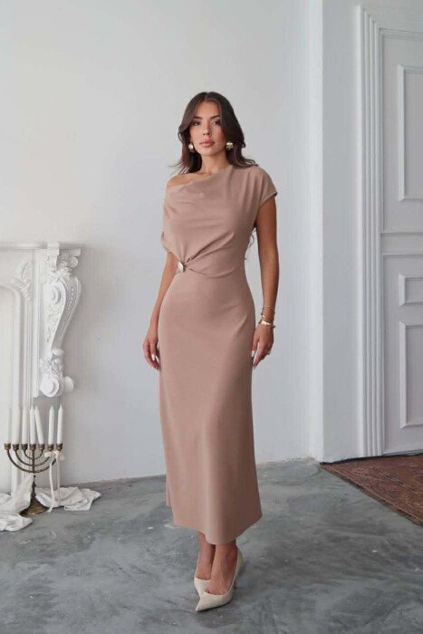 ONE COLOR GOLD BUTTON DETAIL SLEEVELESS WOMEN DRESS BEIGE/BEZHE - 1