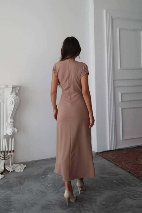 ONE COLOR GOLD BUTTON DETAIL SLEEVELESS WOMEN DRESS BEIGE/BEZHE - 3