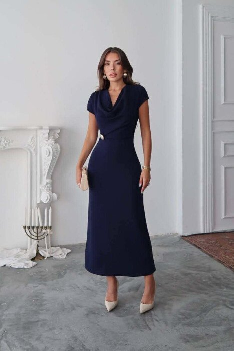 ONE COLOR GOLD BUTTON DETAIL SLEEVELESS WOMEN DRESS BLUE/BLU - 2