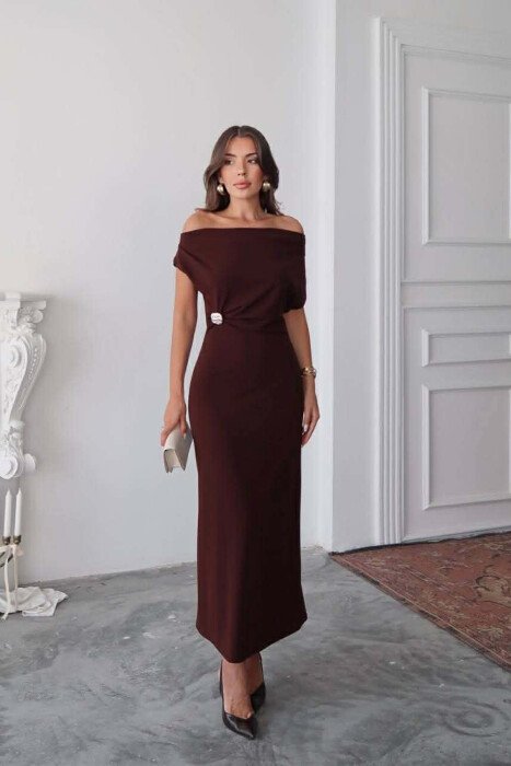 ONE COLOR GOLD BUTTON DETAIL SLEEVELESS WOMEN DRESS DARK BROWN/KAE - 2