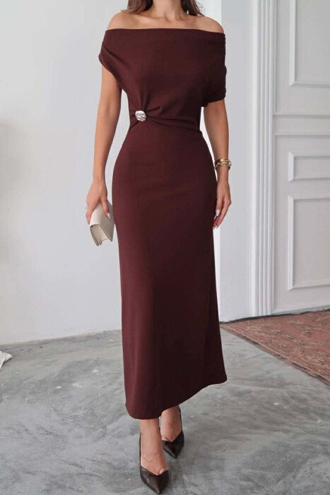 ONE COLOR GOLD BUTTON DETAIL SLEEVELESS WOMEN DRESS DARK BROWN/KAE - 3