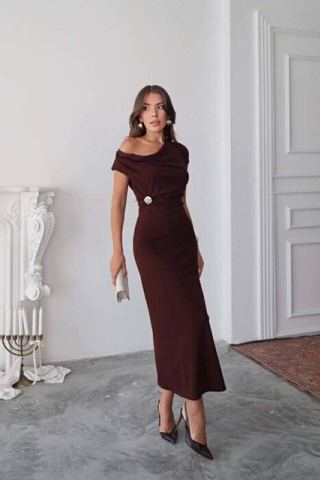 ONE COLOR GOLD BUTTON DETAIL SLEEVELESS WOMEN DRESS DARK BROWN/KAE - 4