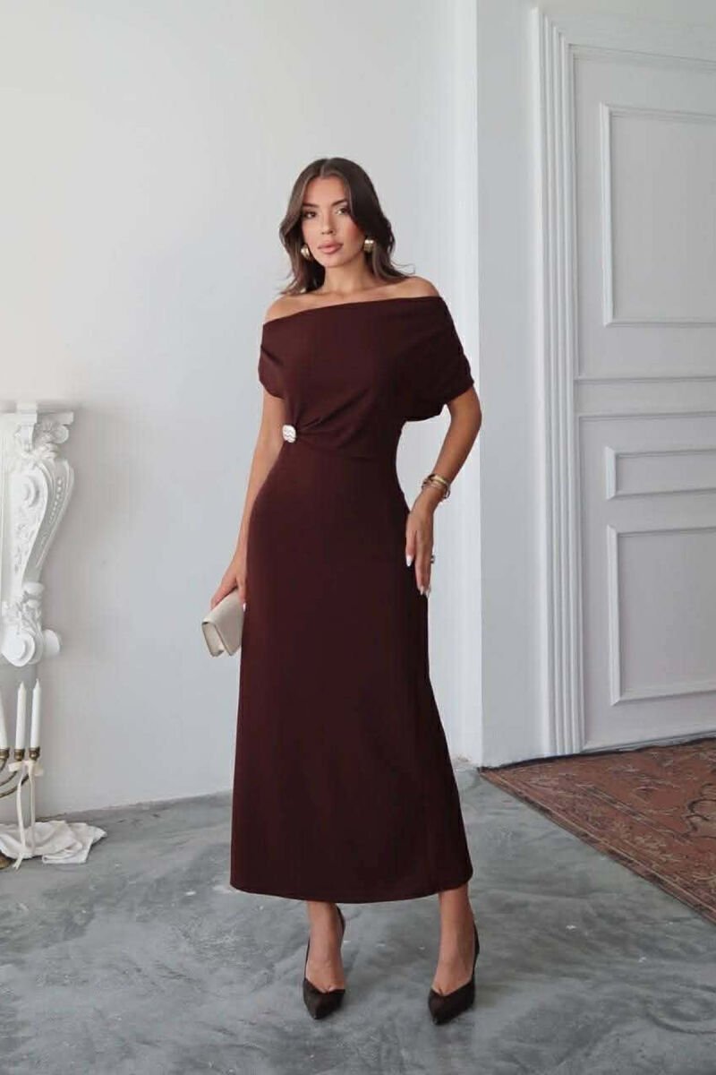 ONE COLOR GOLD BUTTON DETAIL SLEEVELESS WOMEN DRESS DARK BROWN/KAE - 6