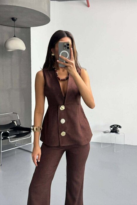ONE COLOR GOLD BUTTONS DETAIL VEST+ TROUSERS WOMAN SET DARK BROWN/KAE - 2