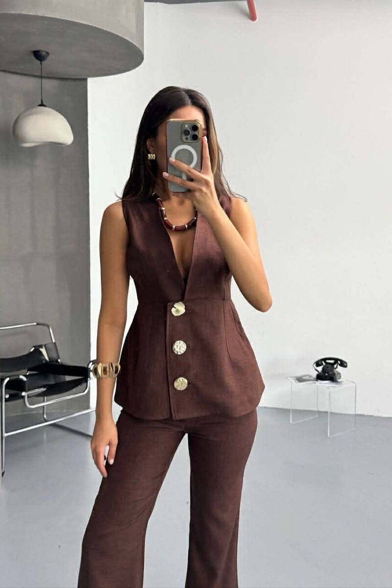 ONE COLOR GOLD BUTTONS DETAIL VEST+ TROUSERS WOMAN SET DARK BROWN/KAE - 2