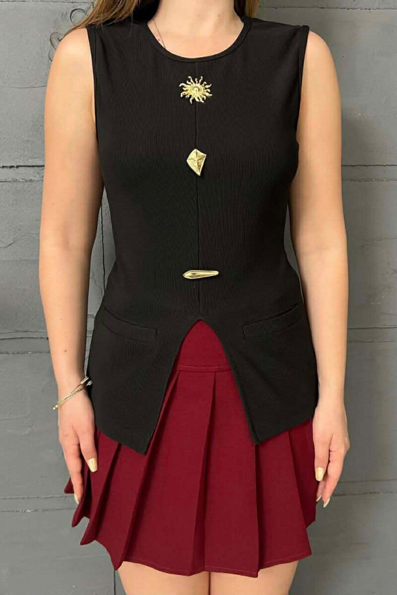 ONE COLOR GOLD BUTTONS DETAILS WOMEN TANK TOP BLACK/ E ZEZE - 3