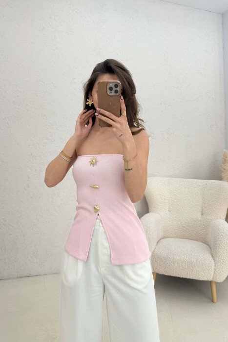ONE COLOR GOLD BUTTONS DETAILS WOMEN TANK TOP PINK/ROZE - 3