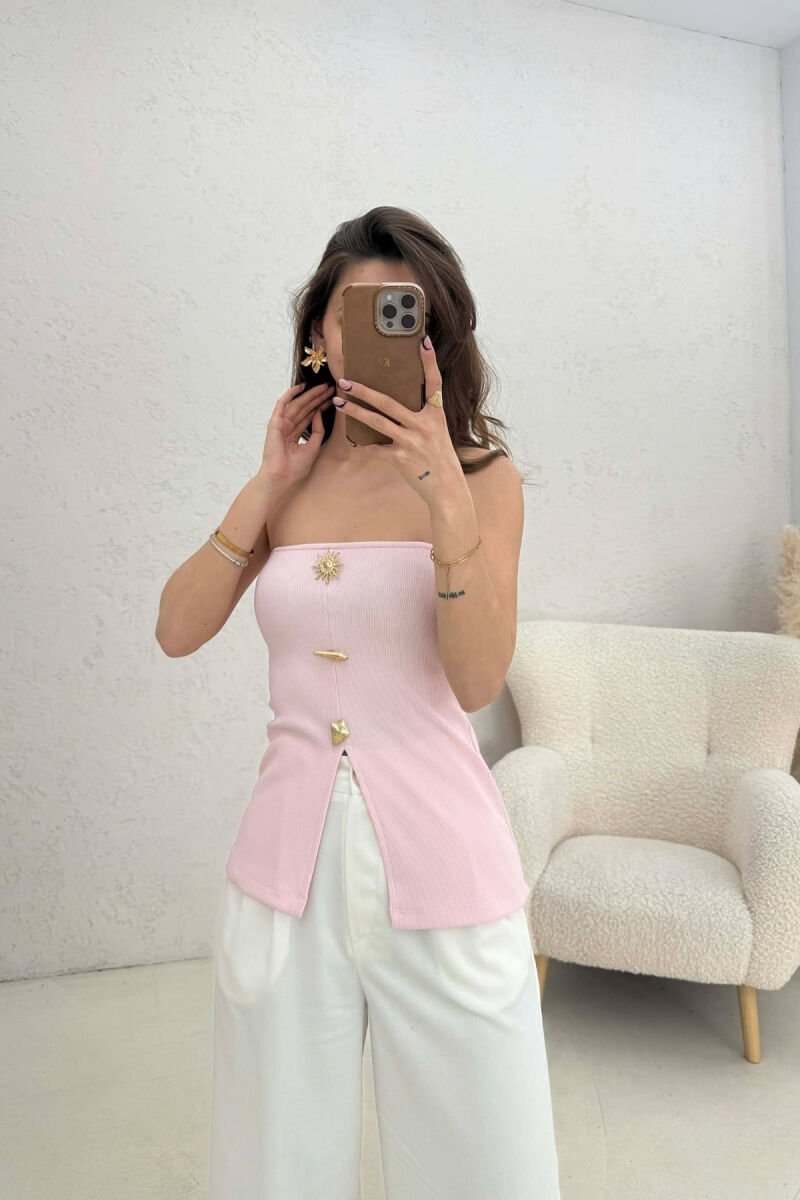 ONE COLOR GOLD BUTTONS DETAILS WOMEN TANK TOP PINK/ROZE - 3