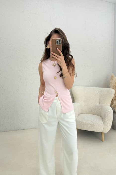 ONE COLOR GOLD BUTTONS DETAILS WOMEN TANK TOP PINK/ROZE - 2