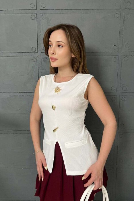 ONE COLOR GOLD BUTTONS DETAILS WOMEN TANK TOP WHITE-E BARDHE - 
